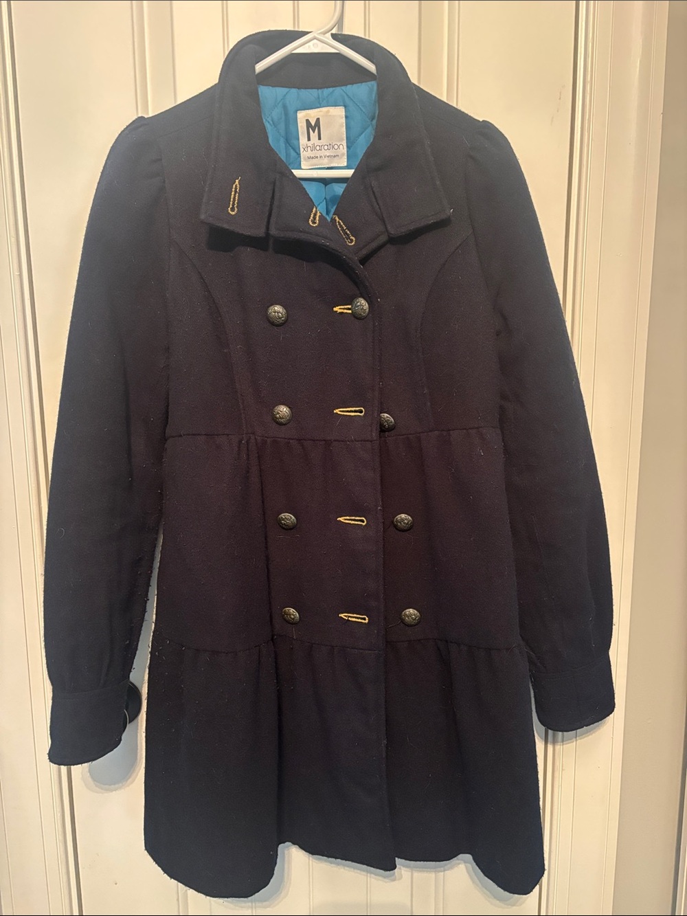 Xhilaration Navy Double-Breasted Peacoat with Gold Stitch Accents size Medium